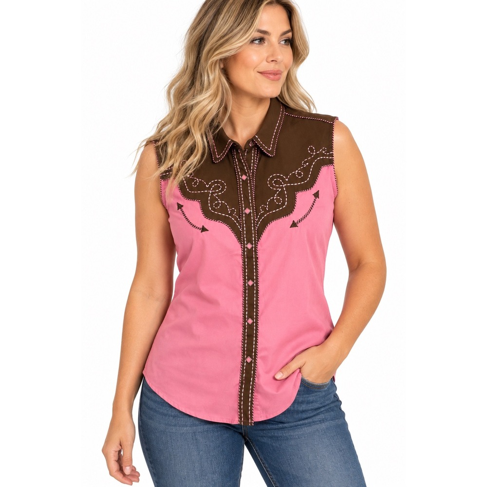 Panhandle Slim Women XL Pink Brown Western Embroidered Sleeveless Pearl Snap Top